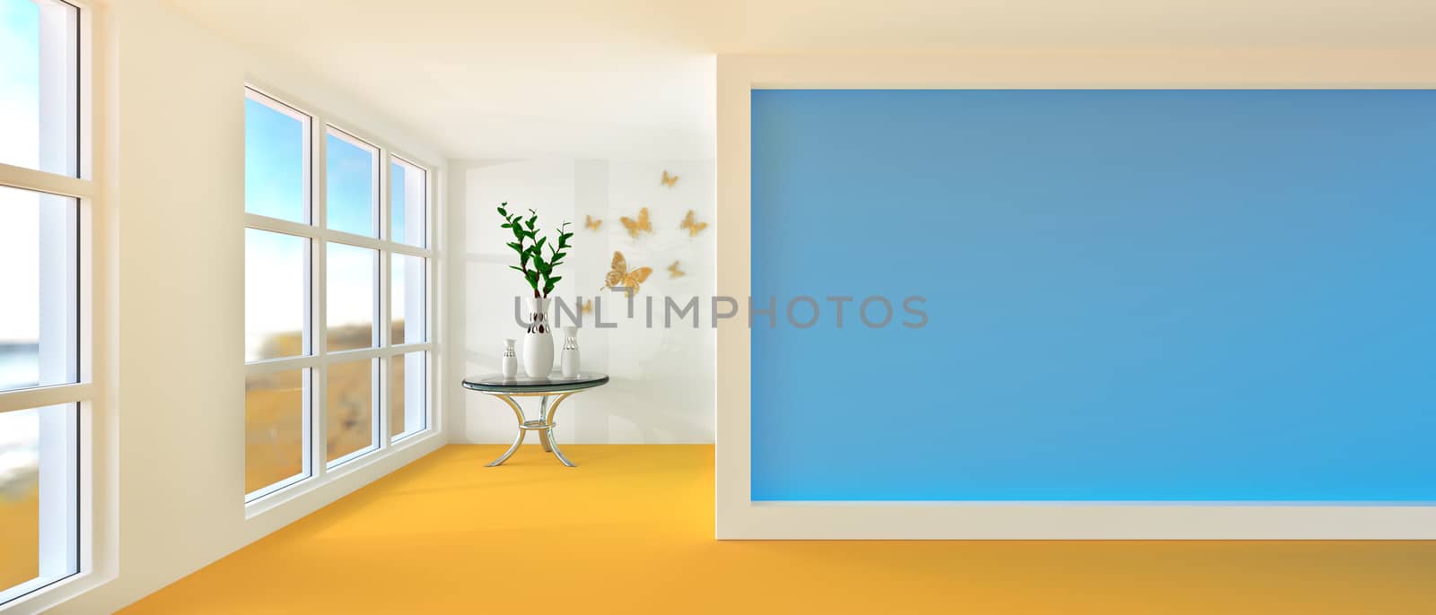 Empty sunny stylish minimalist modern room with three jugs and coffee table. 3D rendering.
