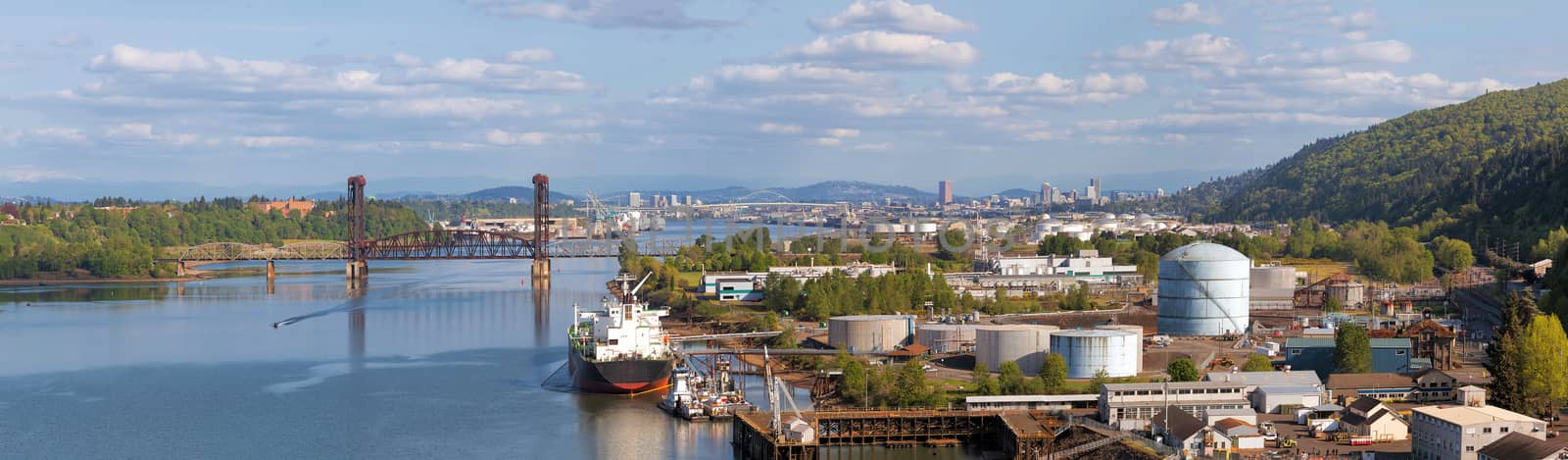 Portland Oregon Shipbuilding and Repair Shipyard Along Willamette River by St Johns Area with City and Swan Island View Panorama