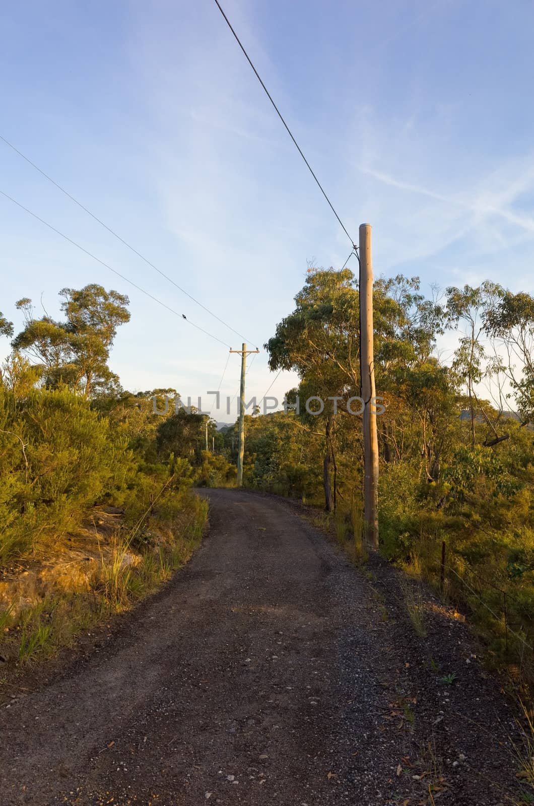 Photograph of an Australian dirt road with electric poles in the sunset