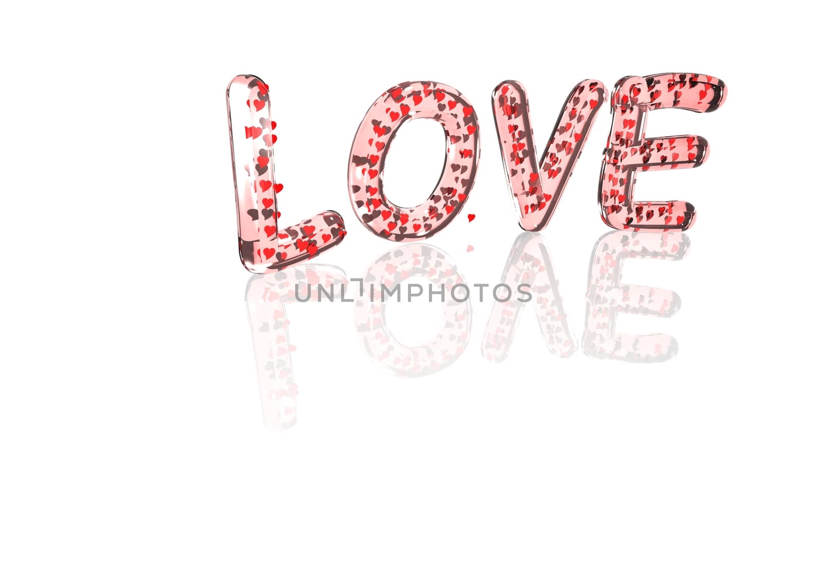 Word LOVE made from many hearts symbols.