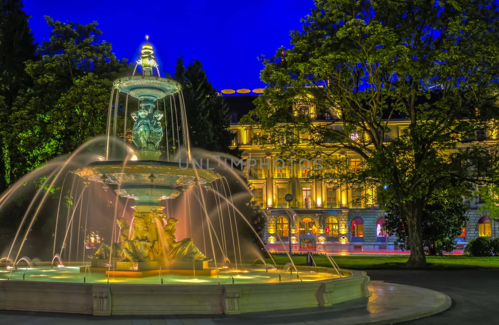 Fountain at the English garden by night in Geneva, Switzerland, HDR
