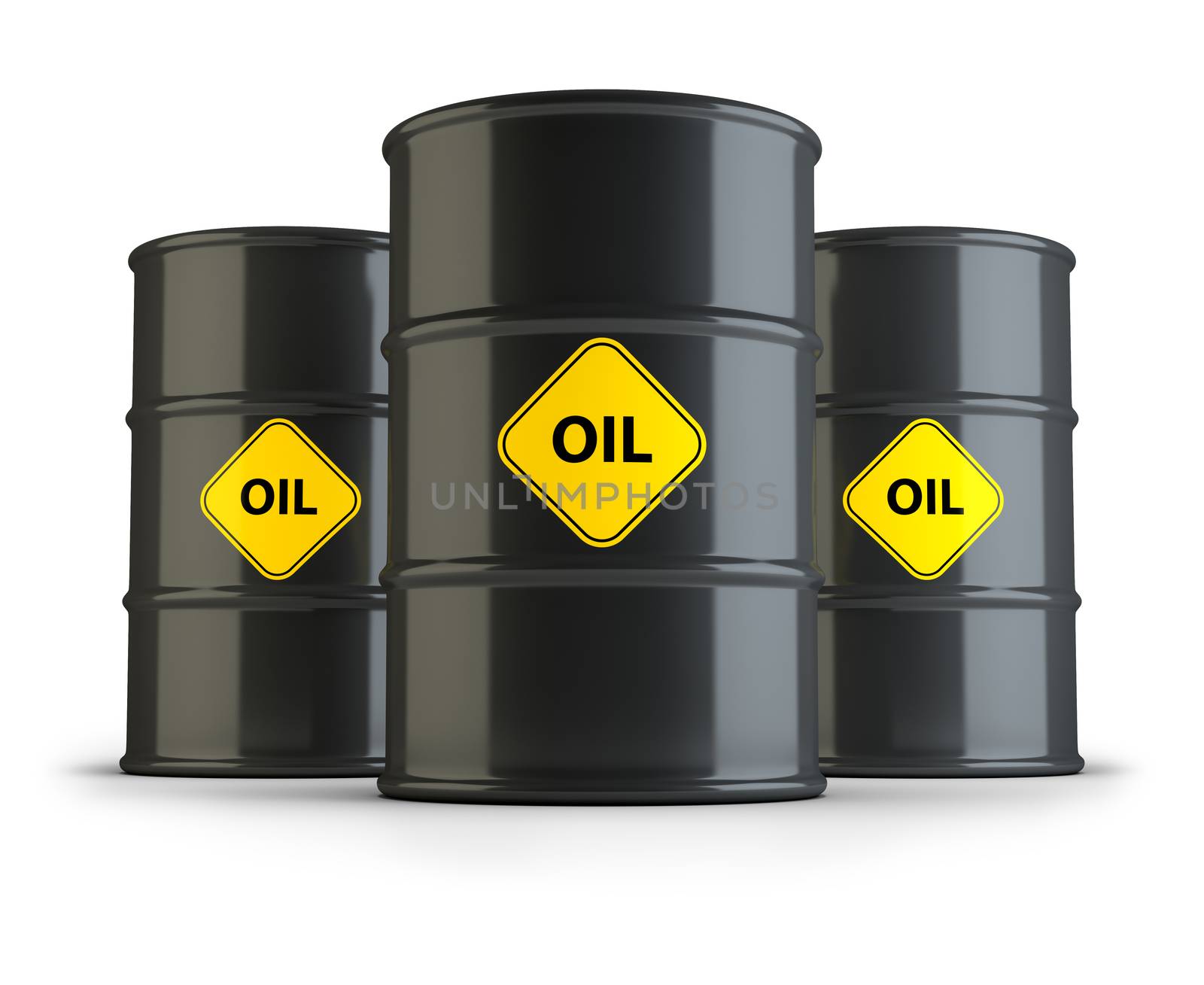 Three oil barrels. 3d image. Isolated white background.