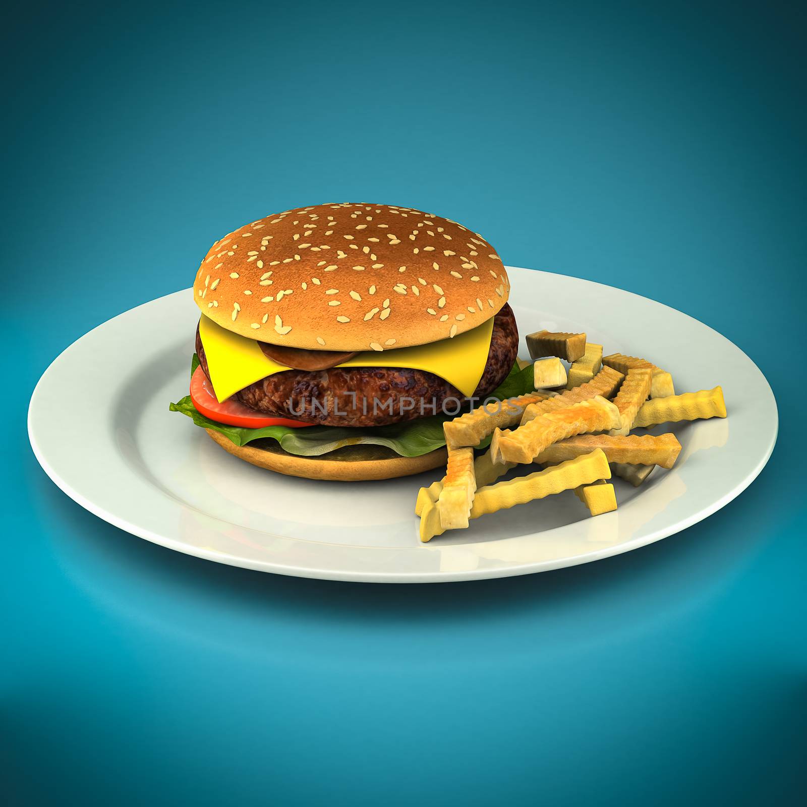 Hamburger and fries on a blue background