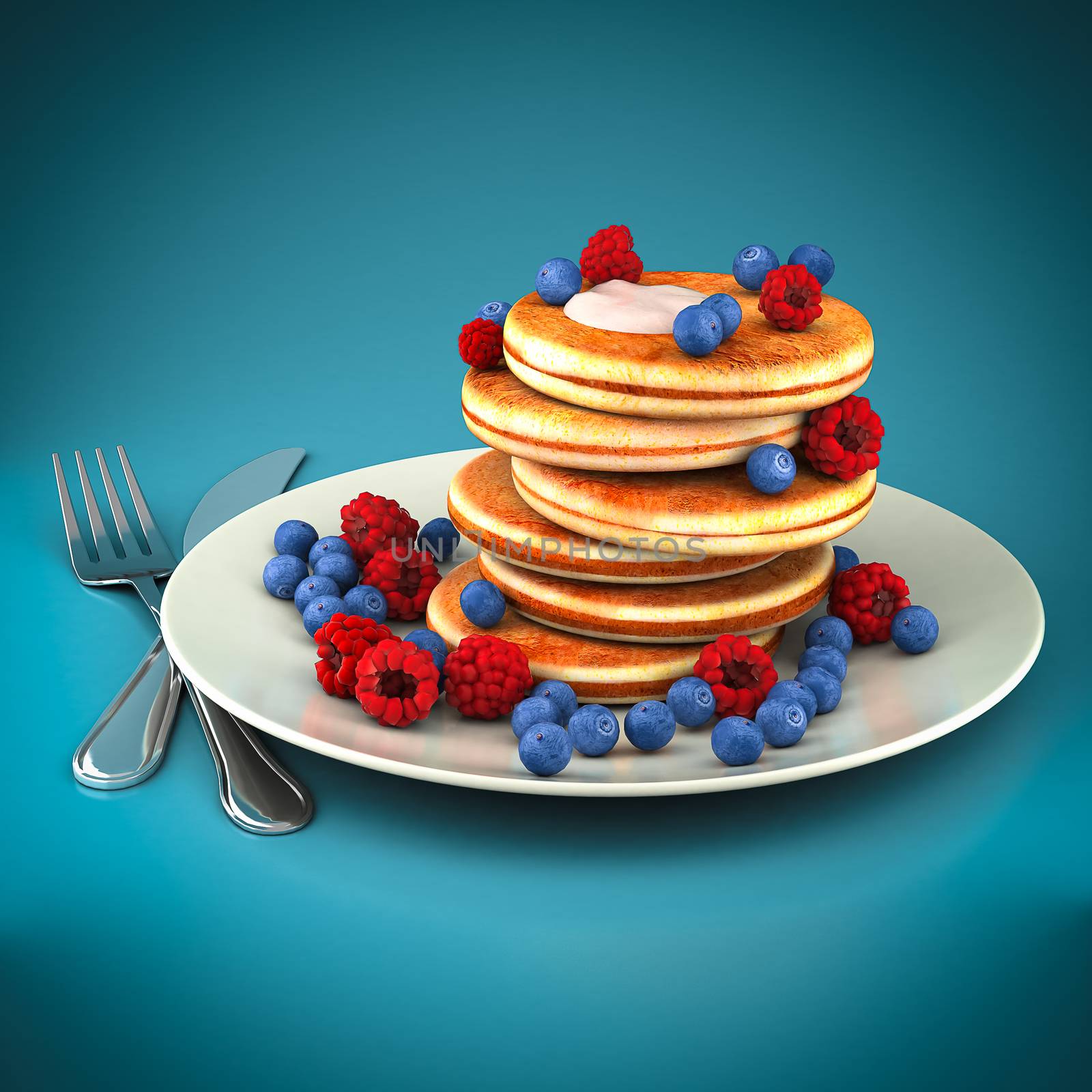 Pancakes with berries on a blue background