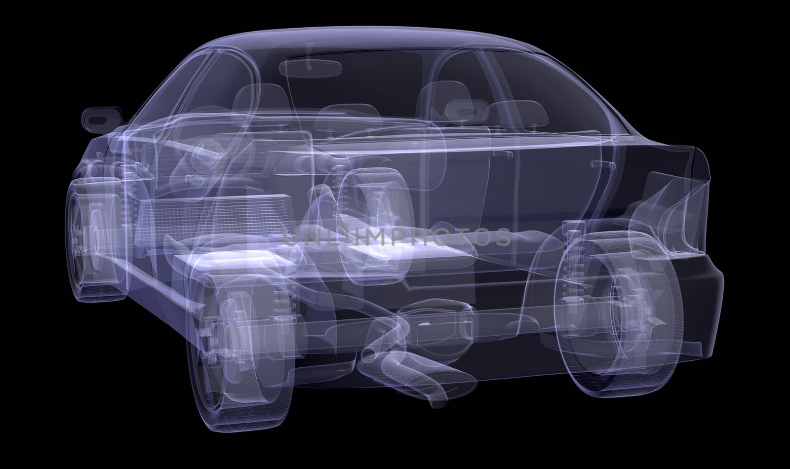 X-ray of car model on isolated black background, back view