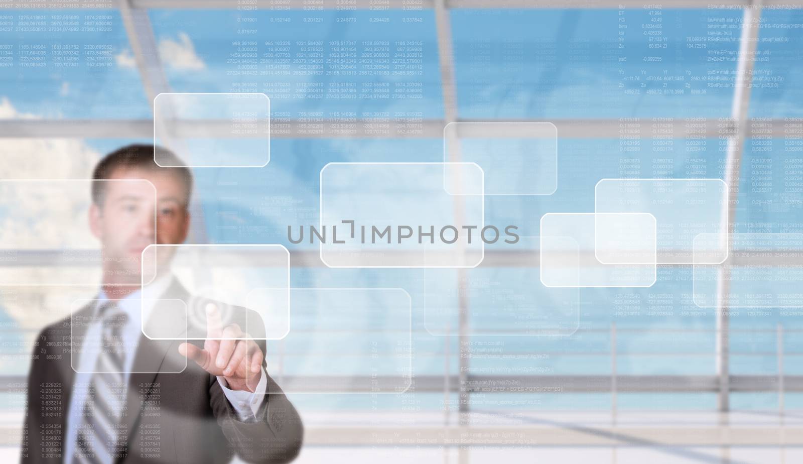 Businessman pressing on holographic screen with numbers on window and map background