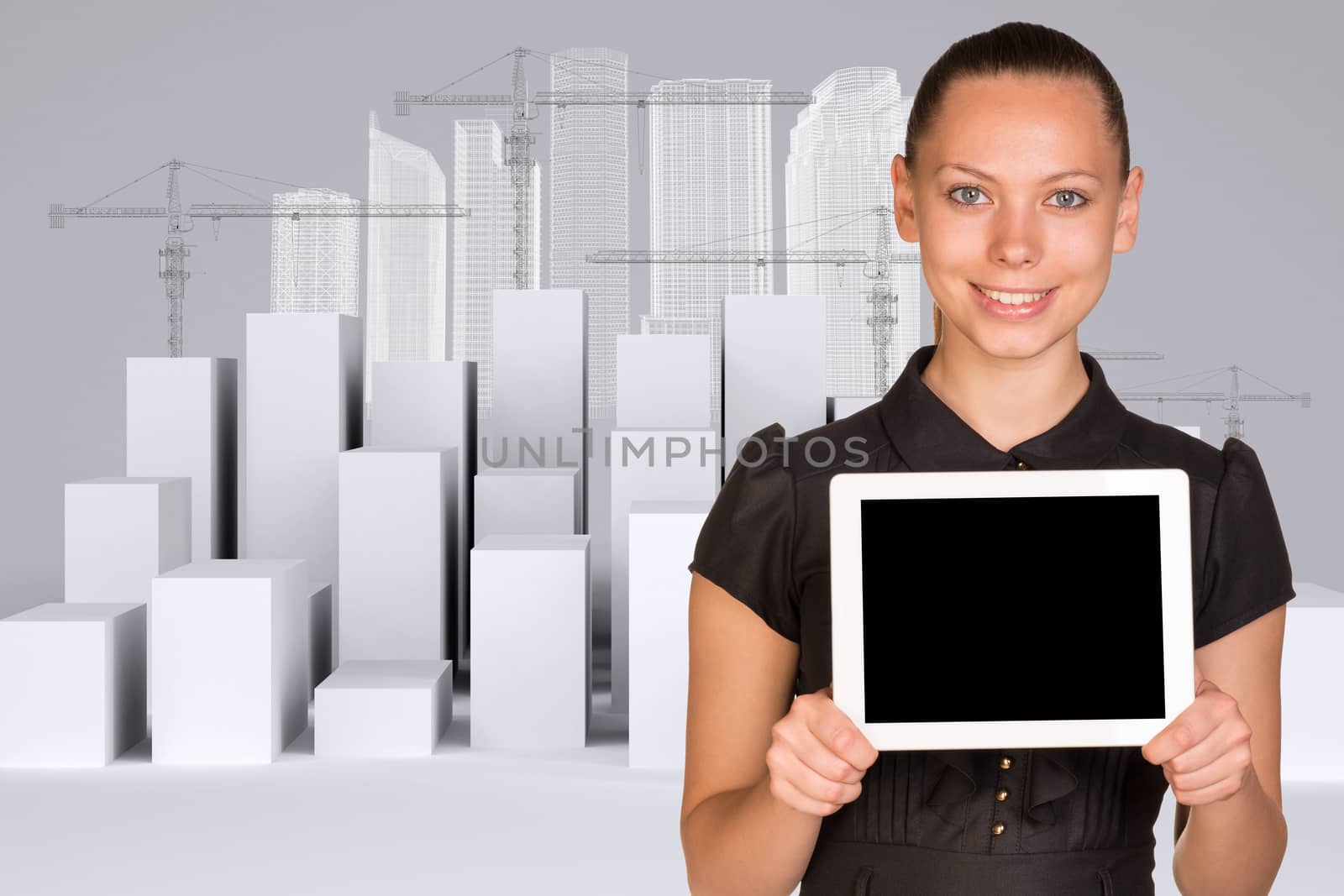 Young woman holding tablet and looking at camera on abstract background with building crane