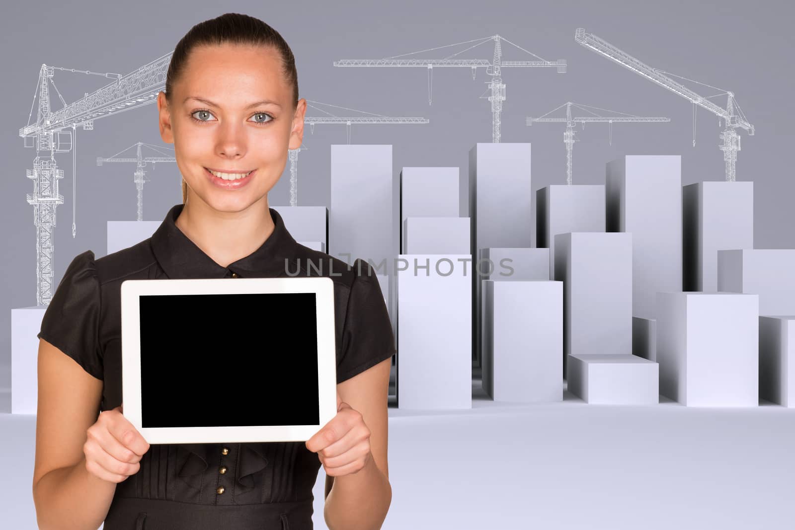 Smiling young woman with teeth smile holding tablet and looking at camera on abstract background 