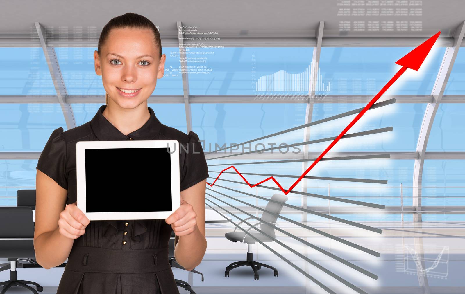 Businesslady holding tablet in business center and blue sky with clouds background, interior view