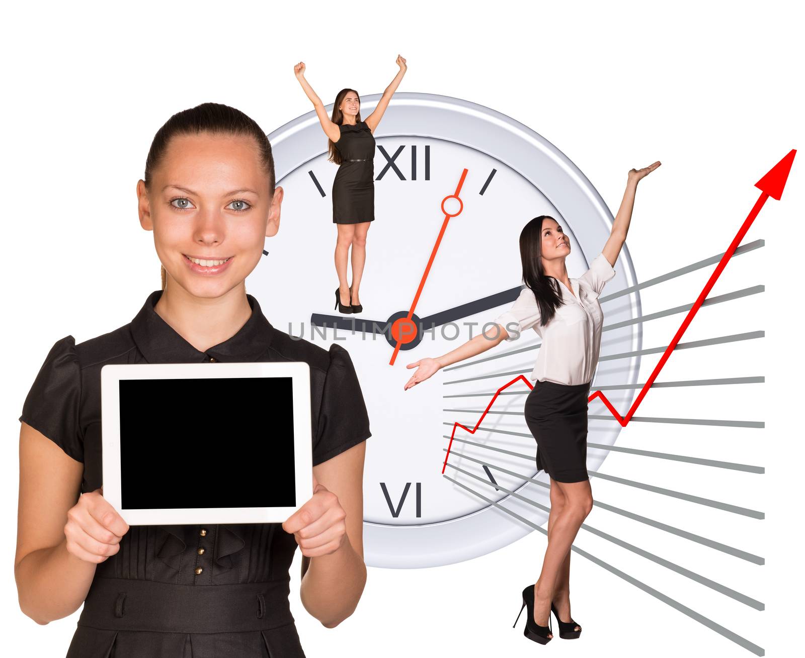 Businesswomen in different postures on abstract white background