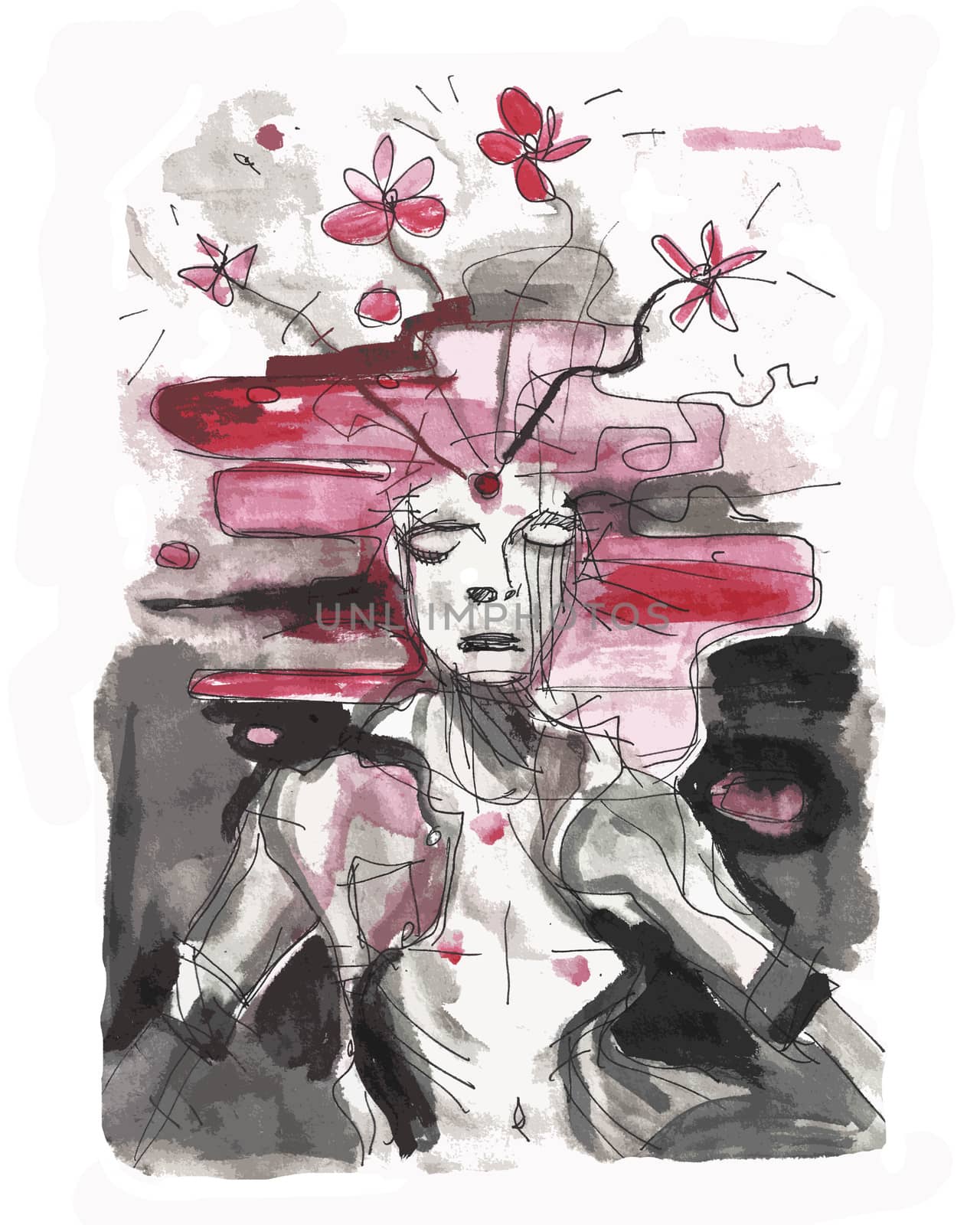 Hand drawn vector illustration or drawing of a wounded man with gun shots and flowers