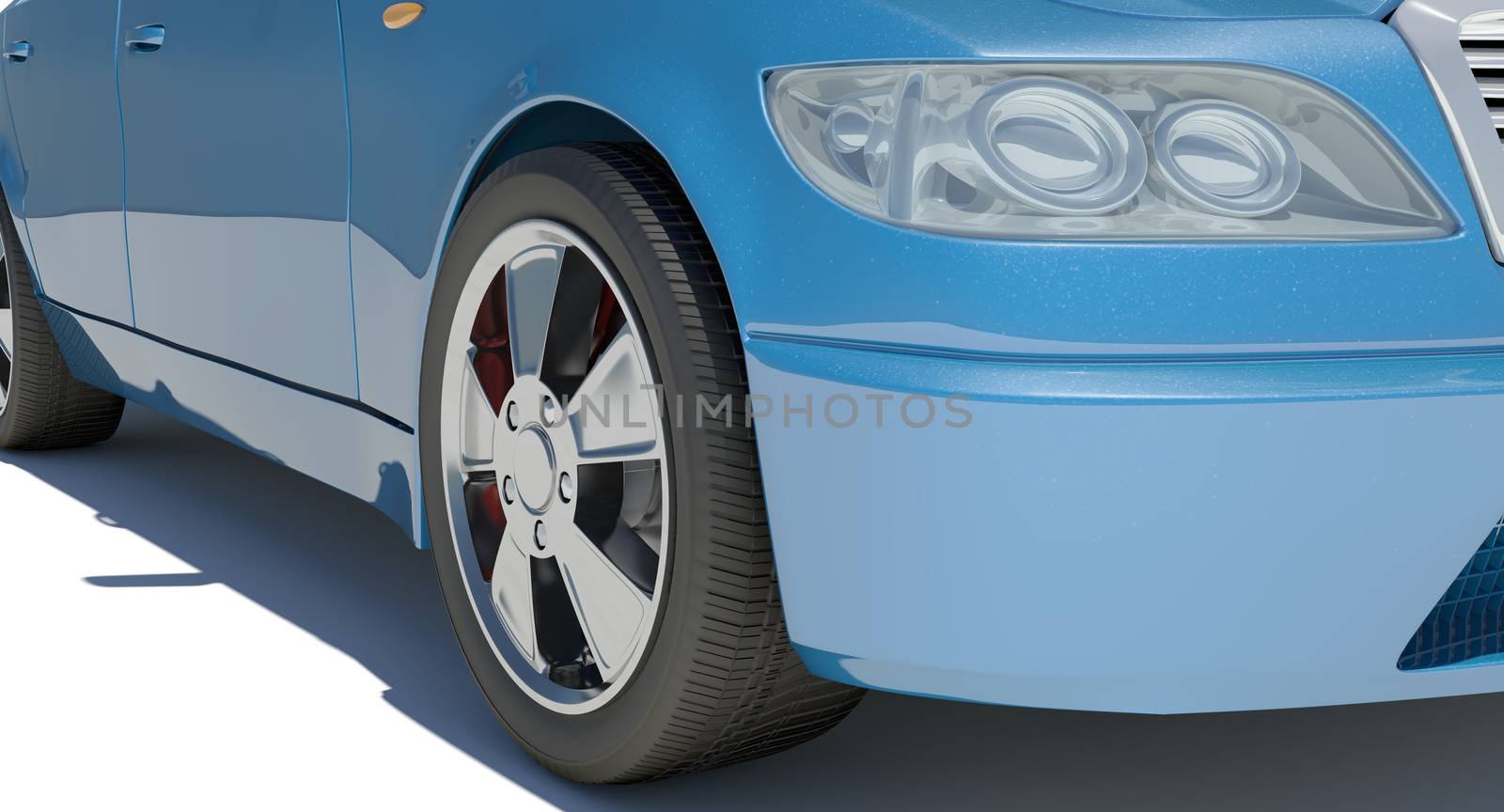 Part of blue car on isolated white background, side view