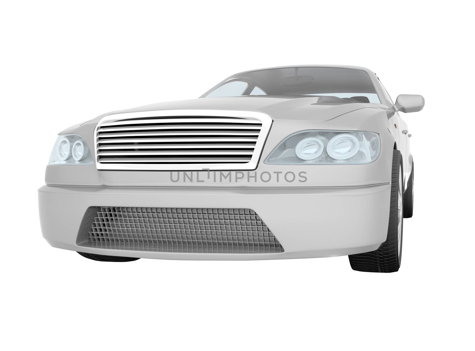 White car with car radiator on isolated white background, close up view