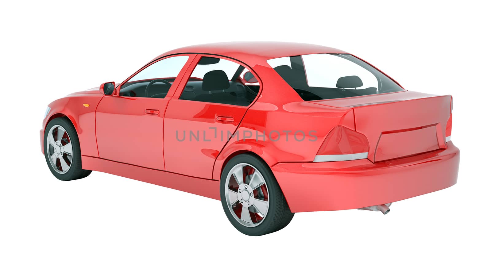 Red car on isolated white background, back view