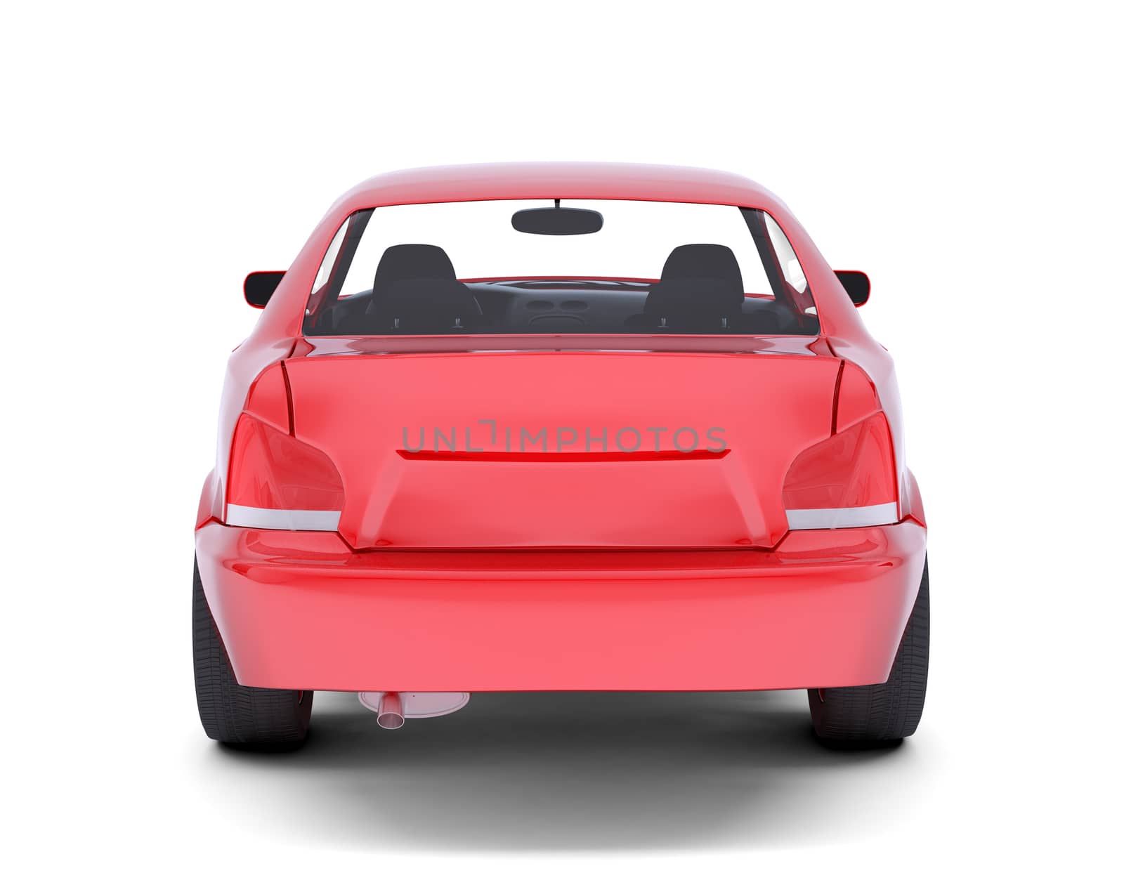 Red car on isolated white background, back view