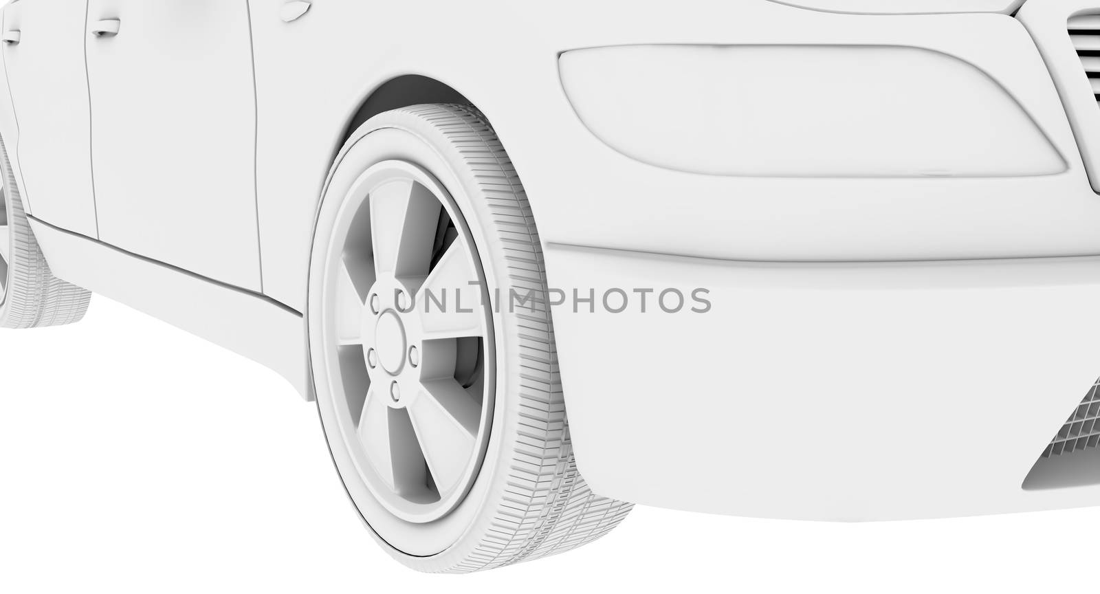 Part of white car model on isolated white background, side view