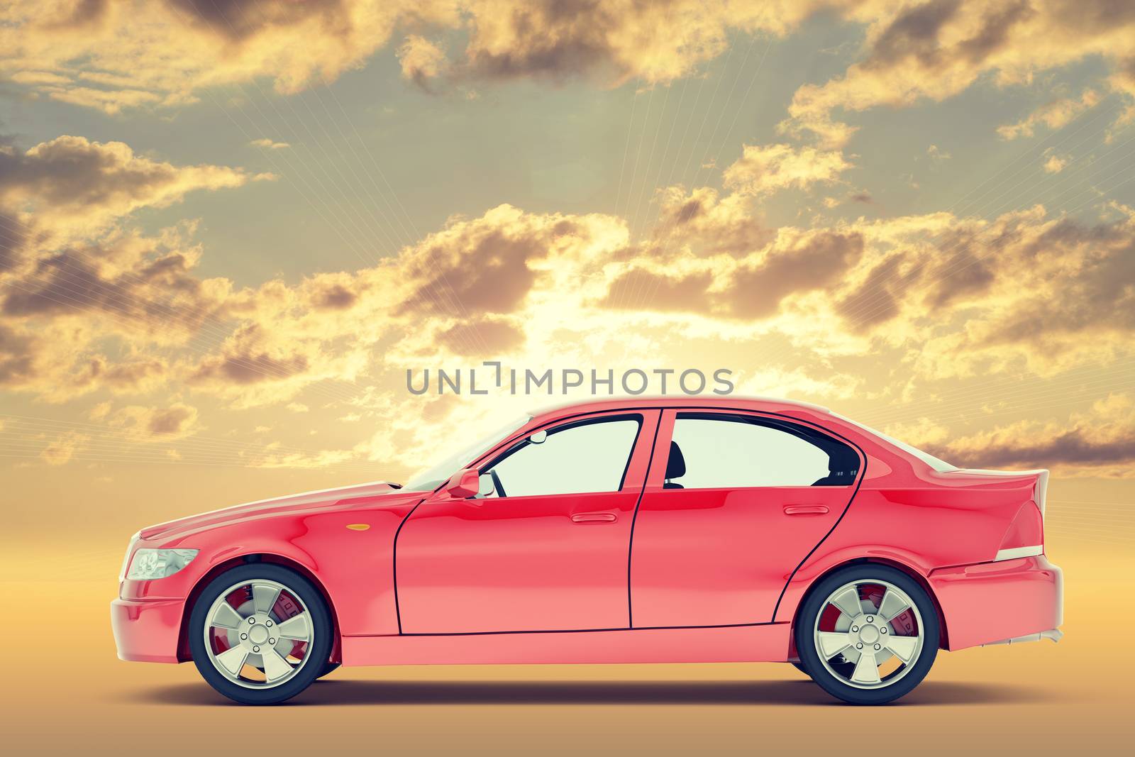 Red car on colorful sky background, side view