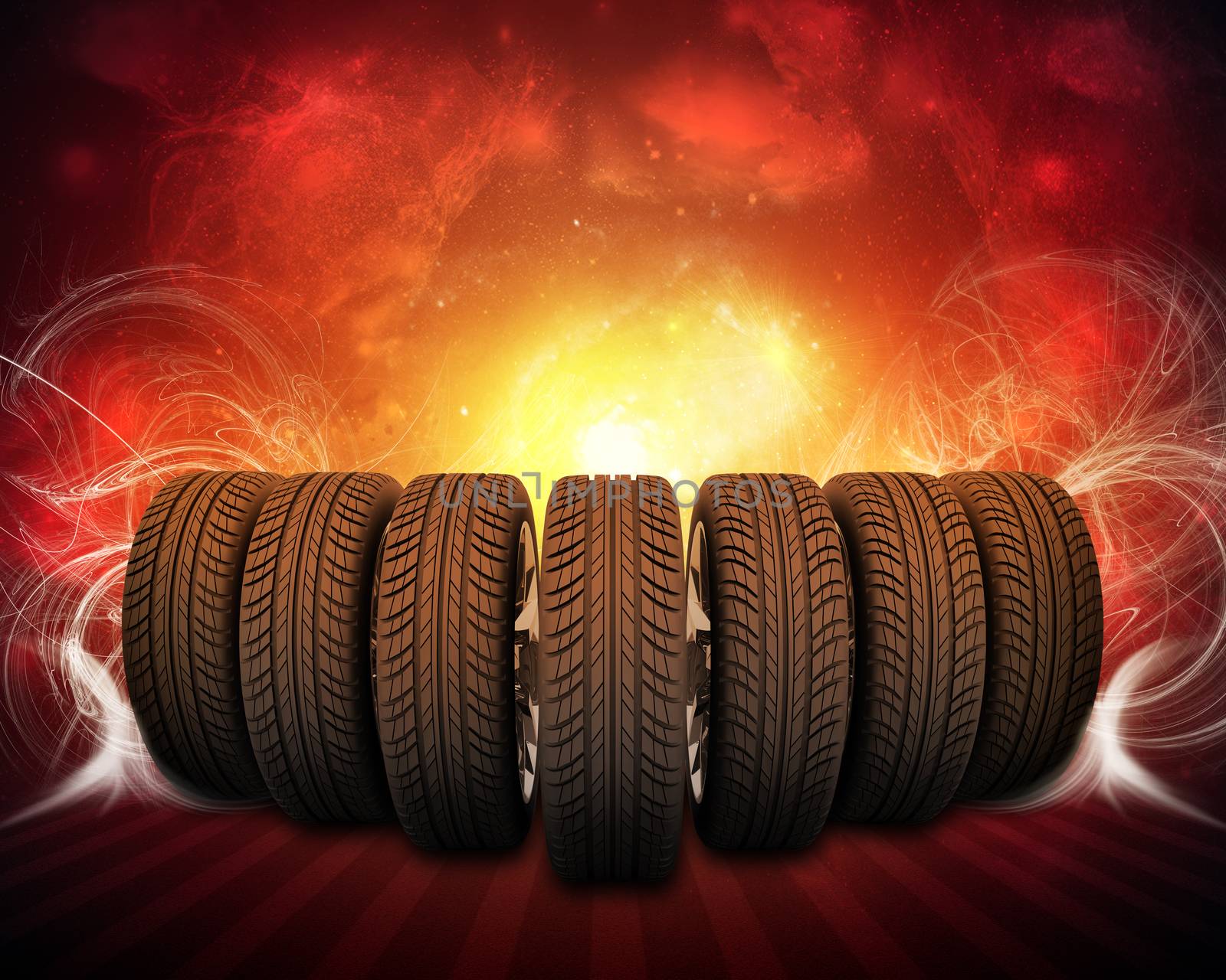Wedge of new car wheels. Background is night sky and stripes at bottom by cherezoff