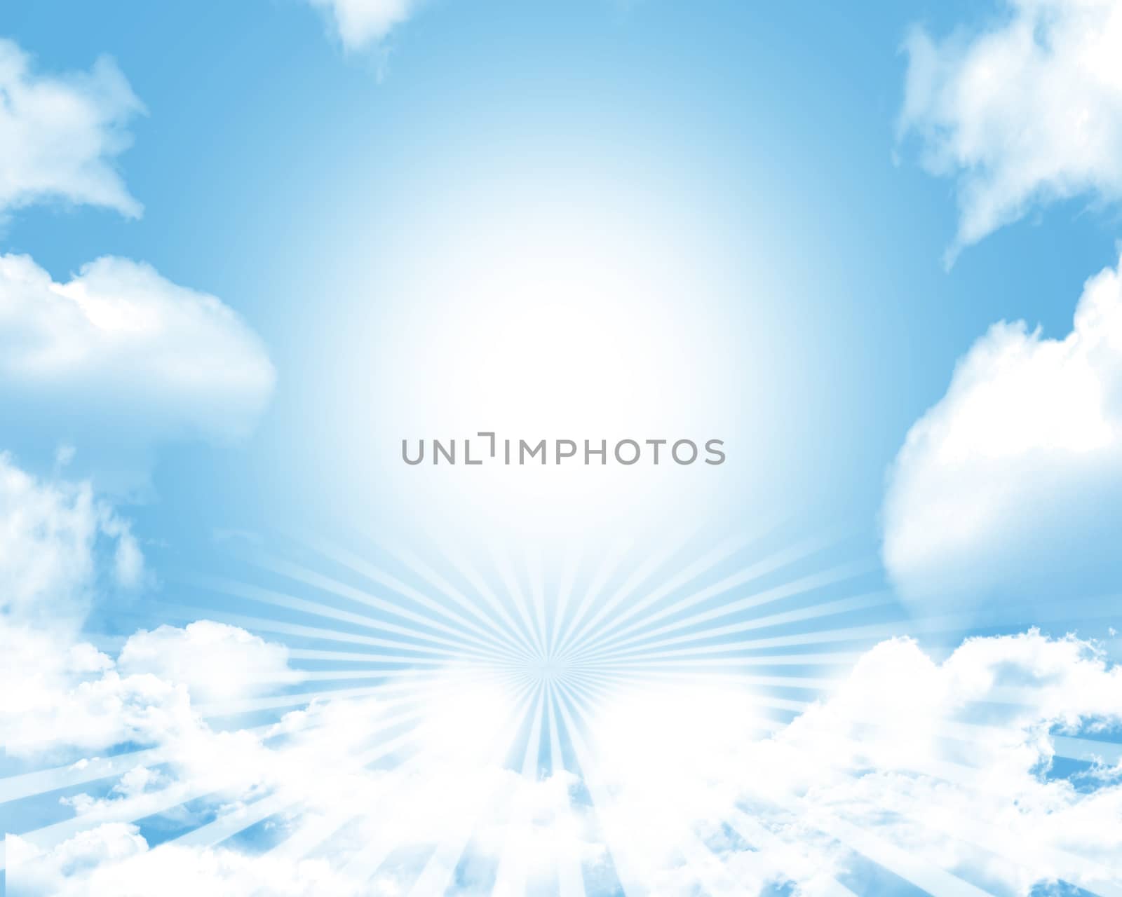 Abstract blue background is sky with clouds and stripes at bottom. Set your object in center