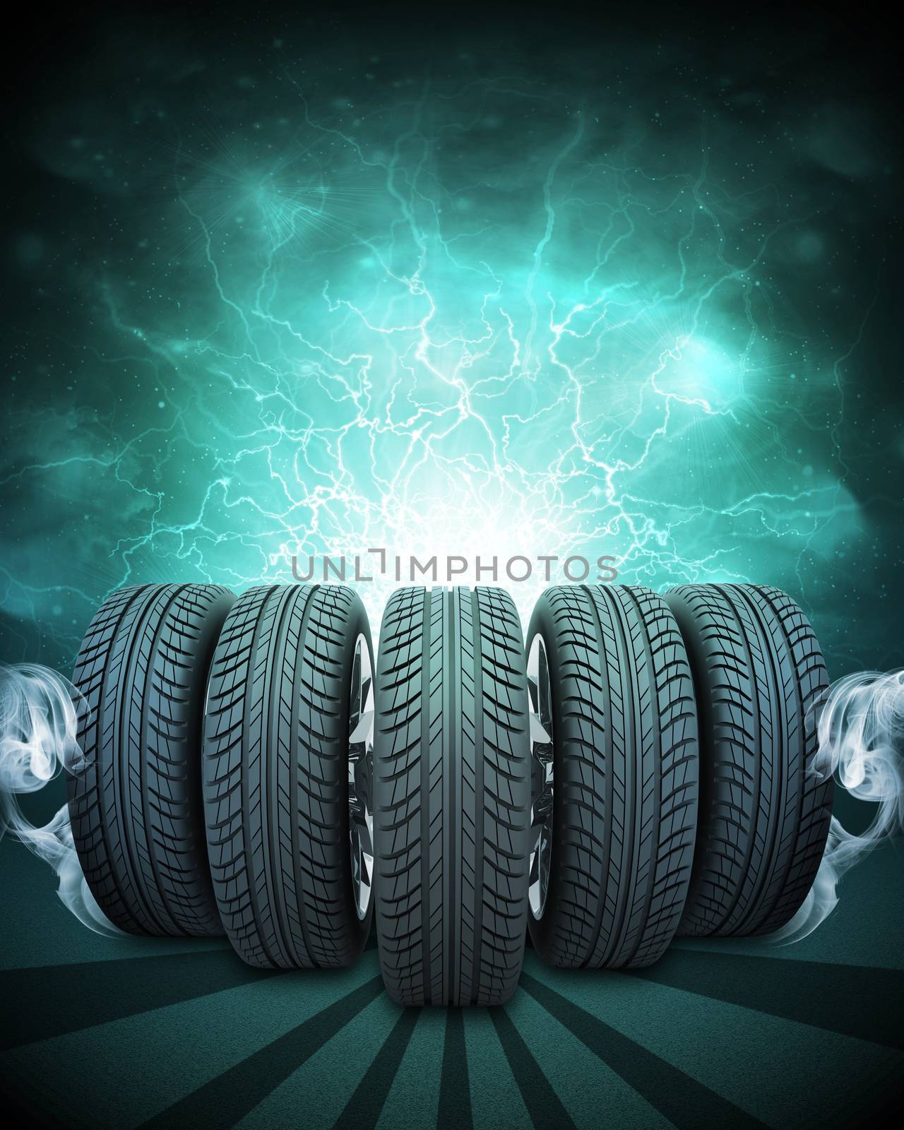 Wedge of new car wheels. Abstract green background is night sky and stripes at bottom