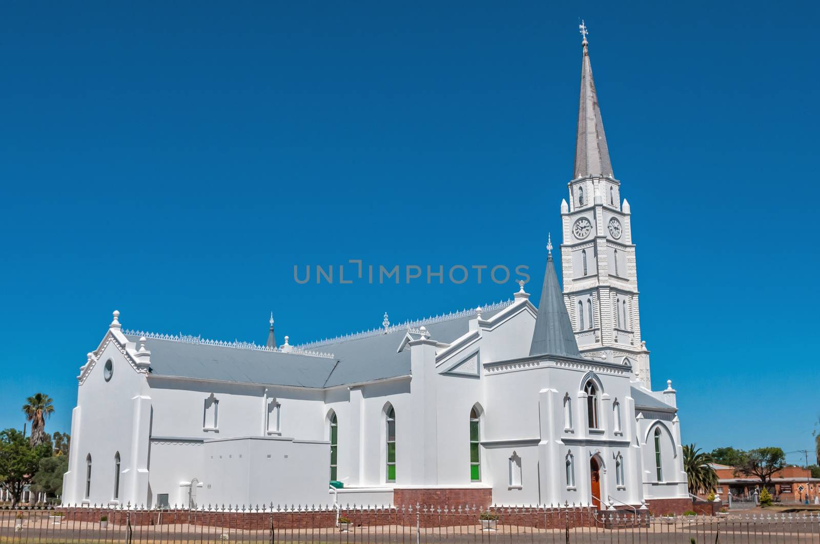 ABERDEEN, SOUTH AFRICA - JANUARY 6, 2015: The first part of the Dutch Reformed Church was completed in 1864. The steeple is the tallest in South Africa and leans by 18 cm