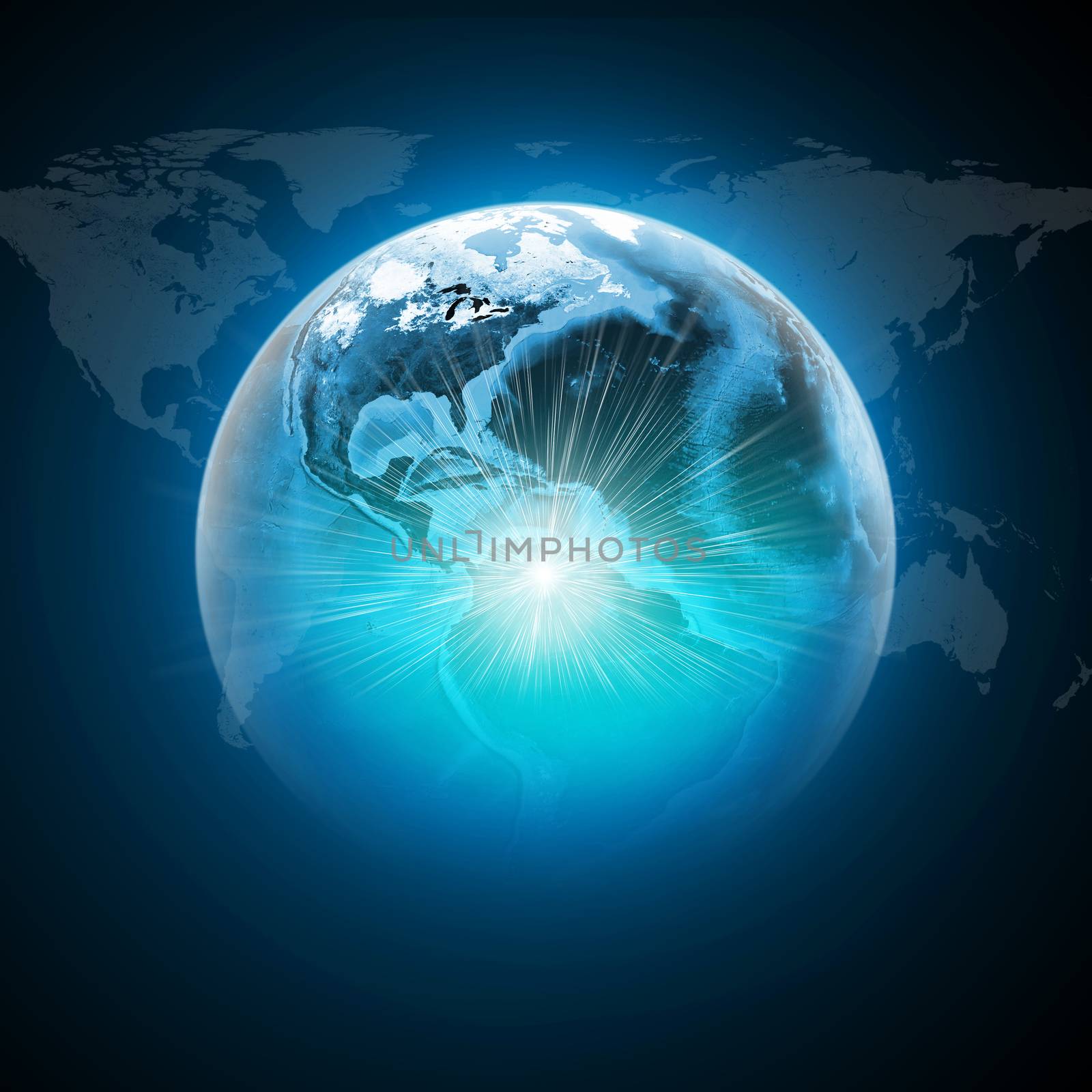 Earth with light and world map on dark blue background by cherezoff
