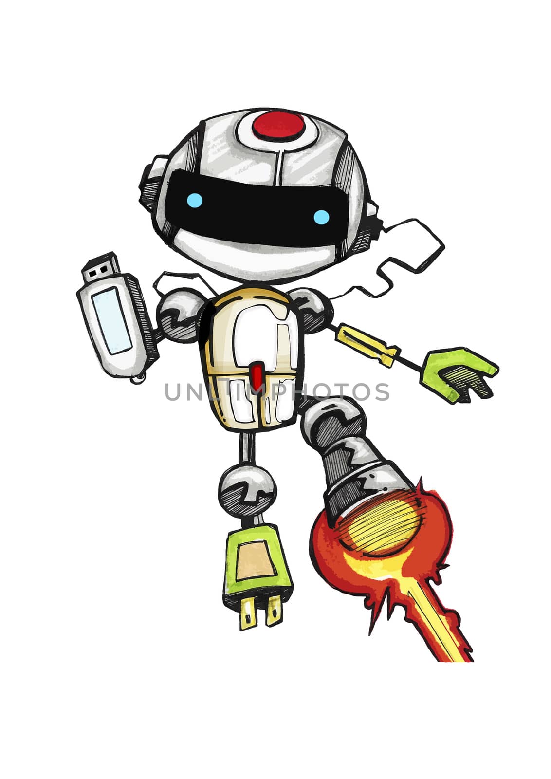 Hand drawn vector illustration or drawing of a cartoon robot made of technology gadgets or items