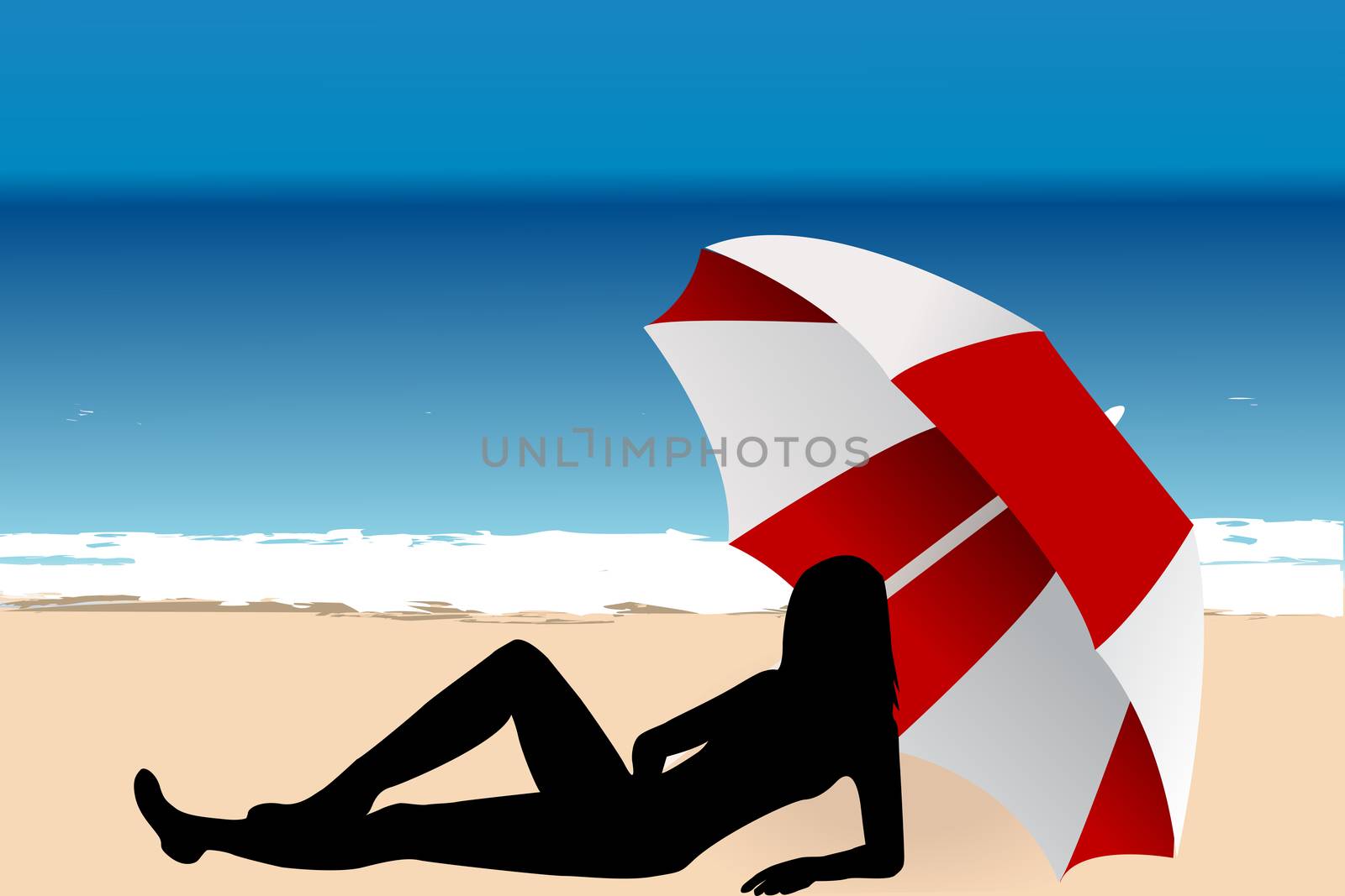 Young woman silhouette lying under an umbrella on the beach