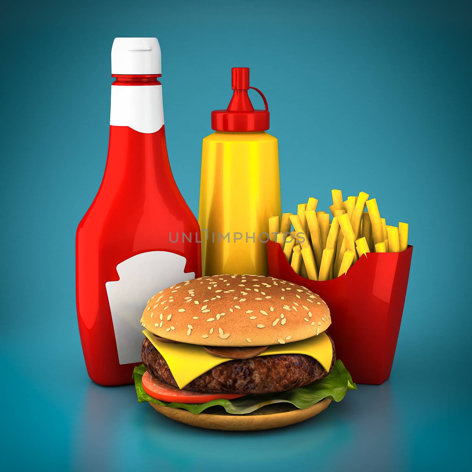 Hamburger, french fries, mustard and ketchup on a blue background