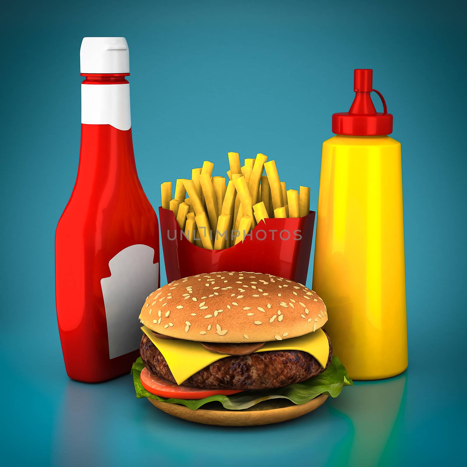 Hamburger, french fries, mustard and ketchup on a blue background