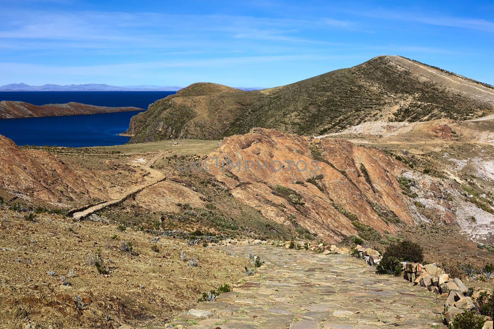 Rocky path leading to the archaeological site of the Ceremonial Table (Mesa Ceremonial) and the Rock of the Puma (Titicaca) on Isla del Sol (Island of the Sun) in Lake Titicaca, which is a popular travel destination in Bolivia