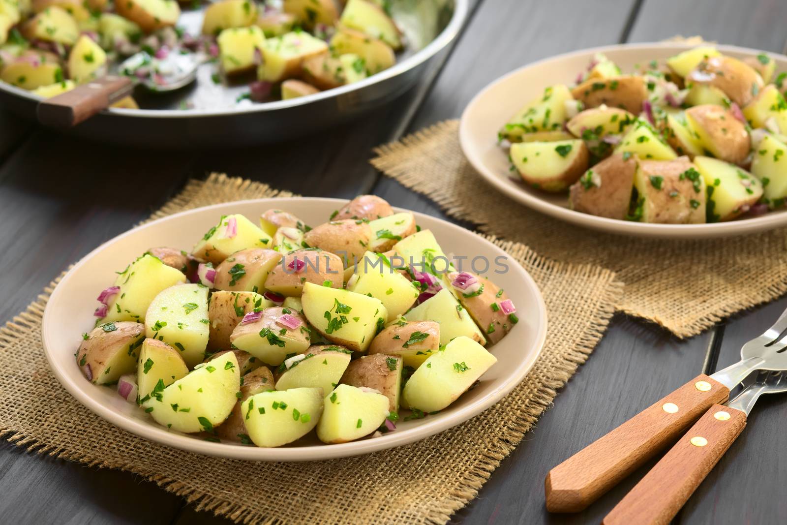 Salad of jacket potato, red onion and herbs served on plates, photographed on dark wood with natural light (Selective Focus, Focus one third into the first plate)