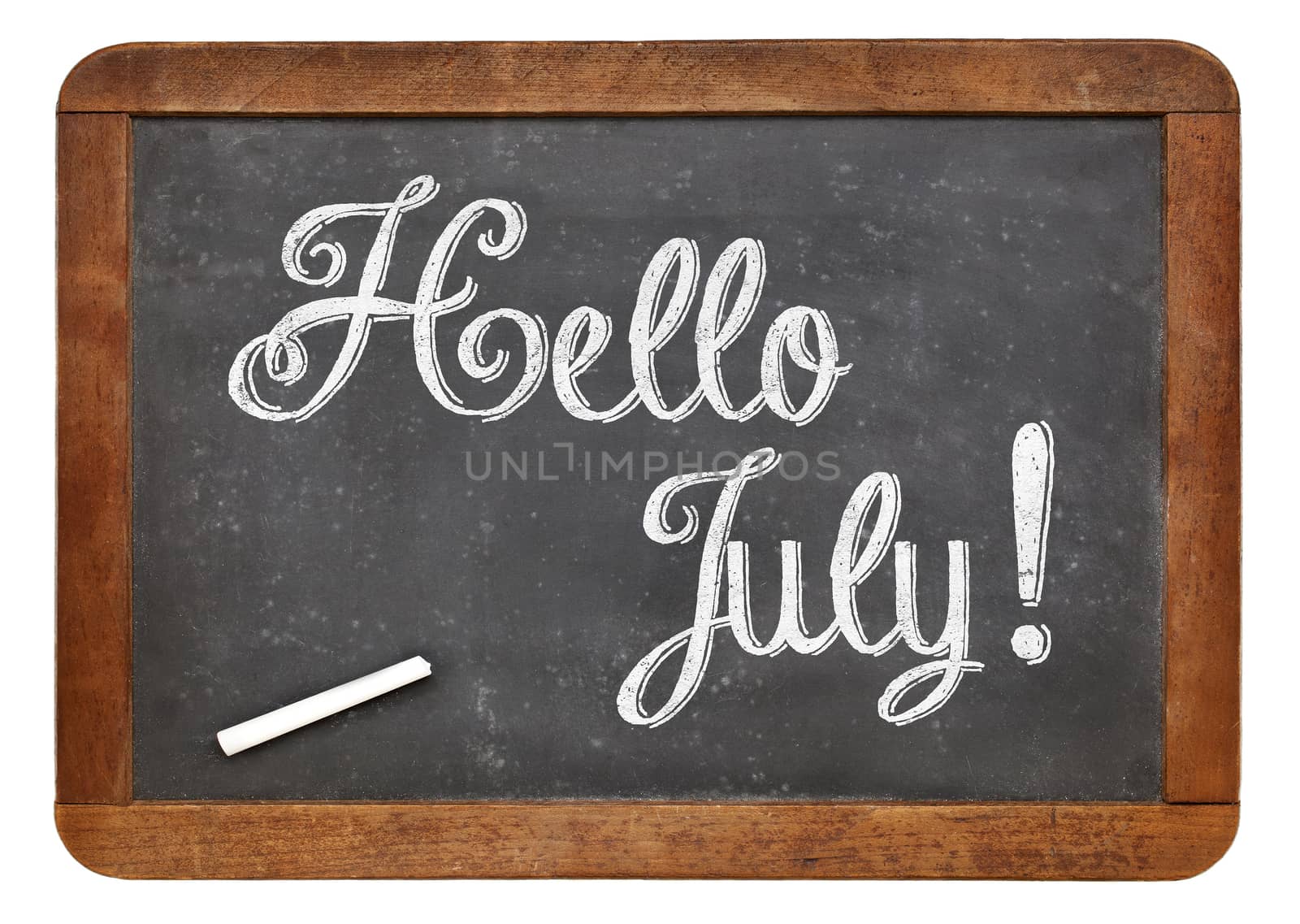 Hello July sign  - white chalk text on an isolated  vintage slate blackboard