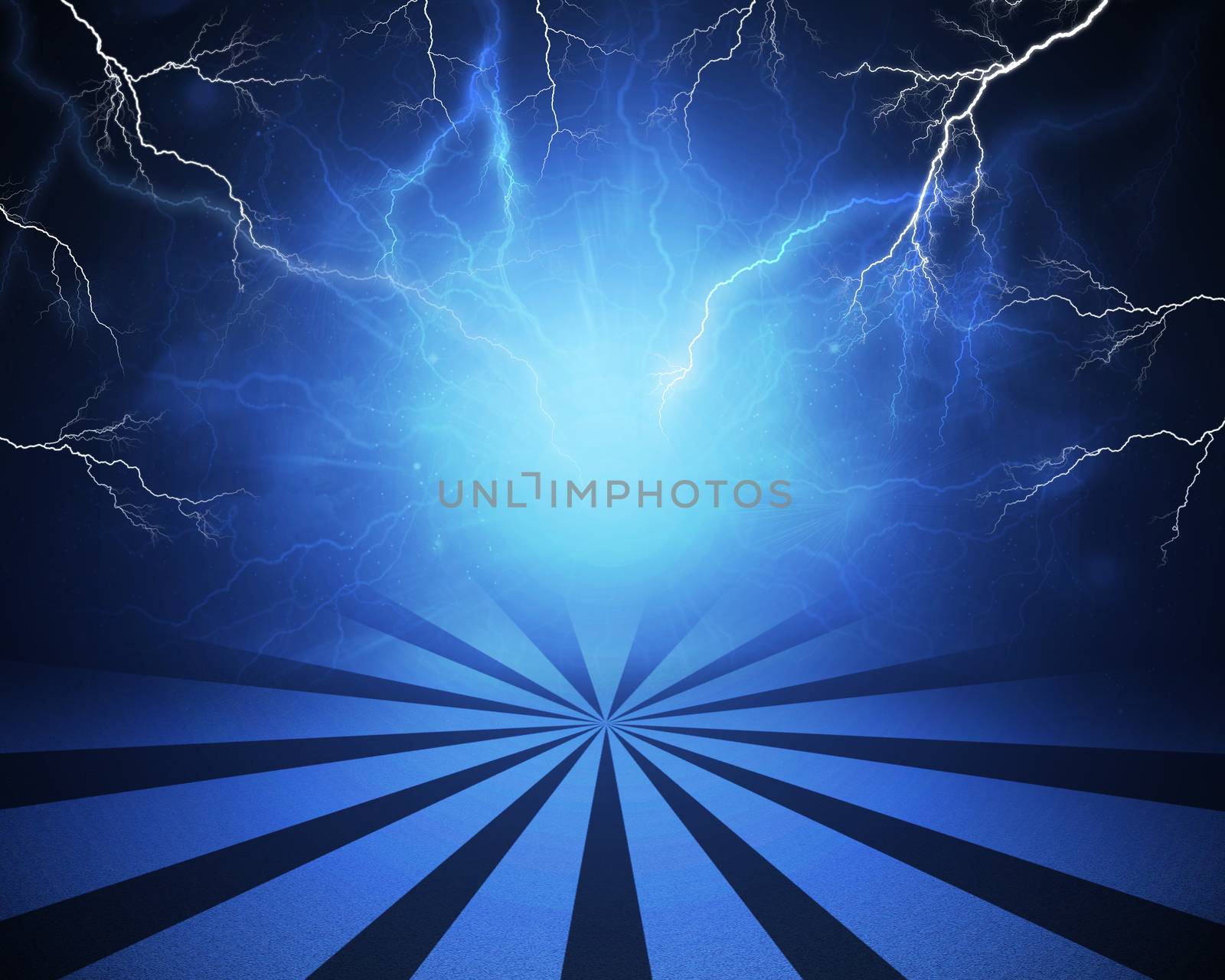 Abstract blue background with lightning and stripes at bottom. Set your object in center