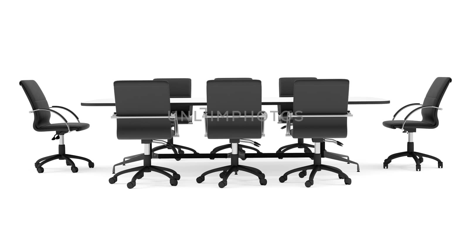 Conference table and black office chairs. Front view. Isolated render on white background