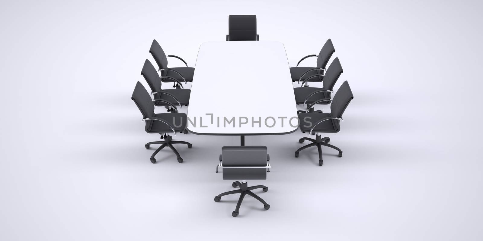 Big conference table and eight black office chairs. Gray gradient background
