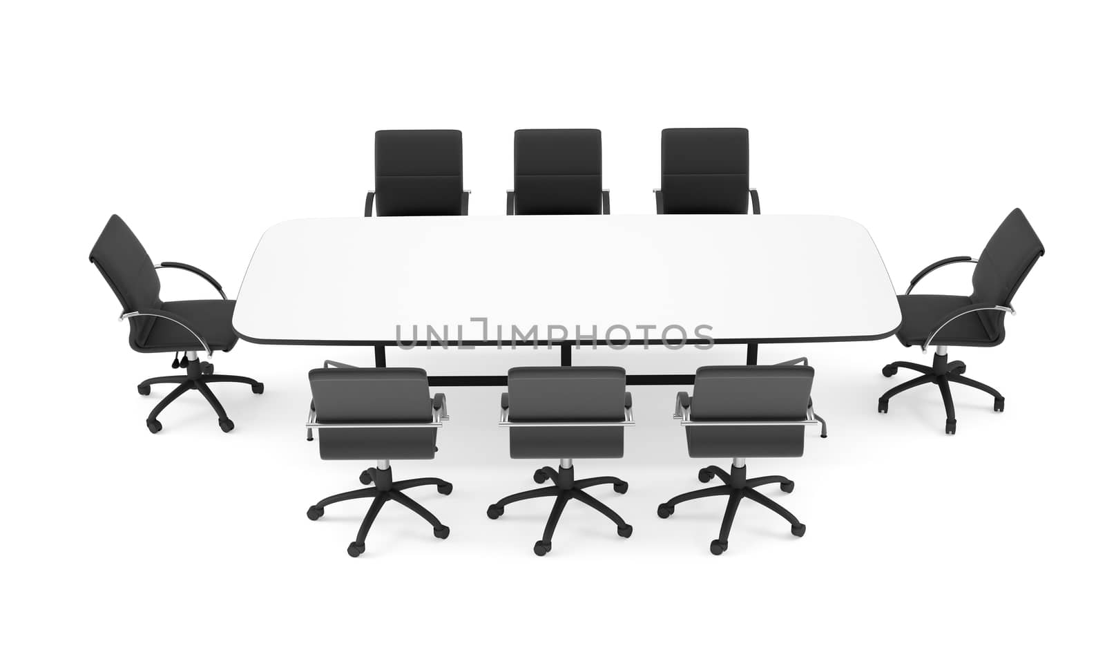 Conference table and black office chairs. Top view. Isolated render on white background