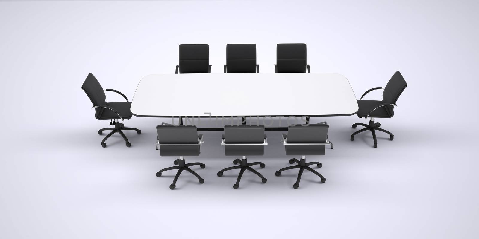 Conference table and eight black office chairs. Gray gradient background