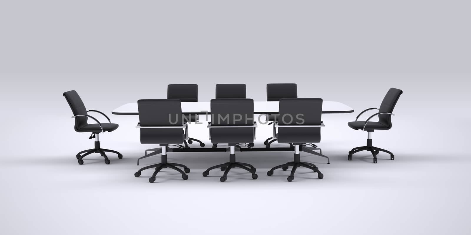 Conference table and black office chairs. Front view. Gray gradient background