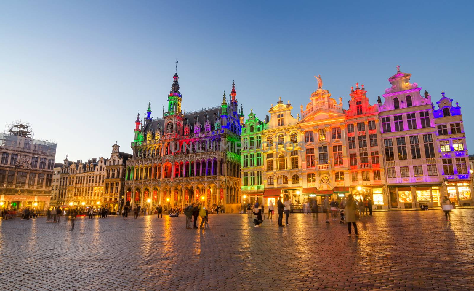 Grand Place with colorful lighting at Dusk in Brussels, Belgium