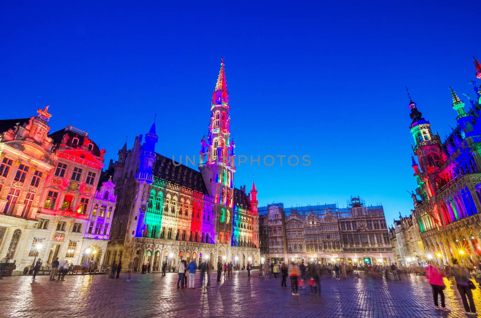 Wide angle night scene of the Grand Place in Brussels, Belgium. 