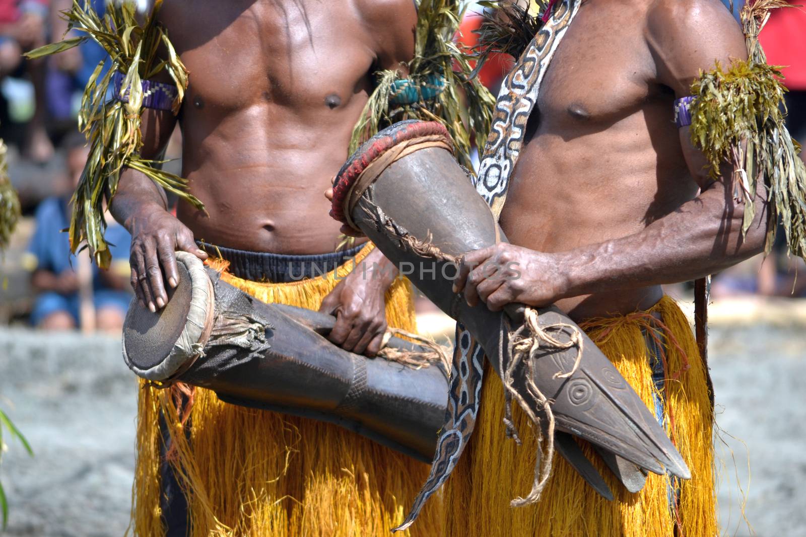 Traditional tribal dance at mask festival.
7th Gulf Mask Festival, Toare Village, Gulf Province, Papua New Guinea on June 19, 2011