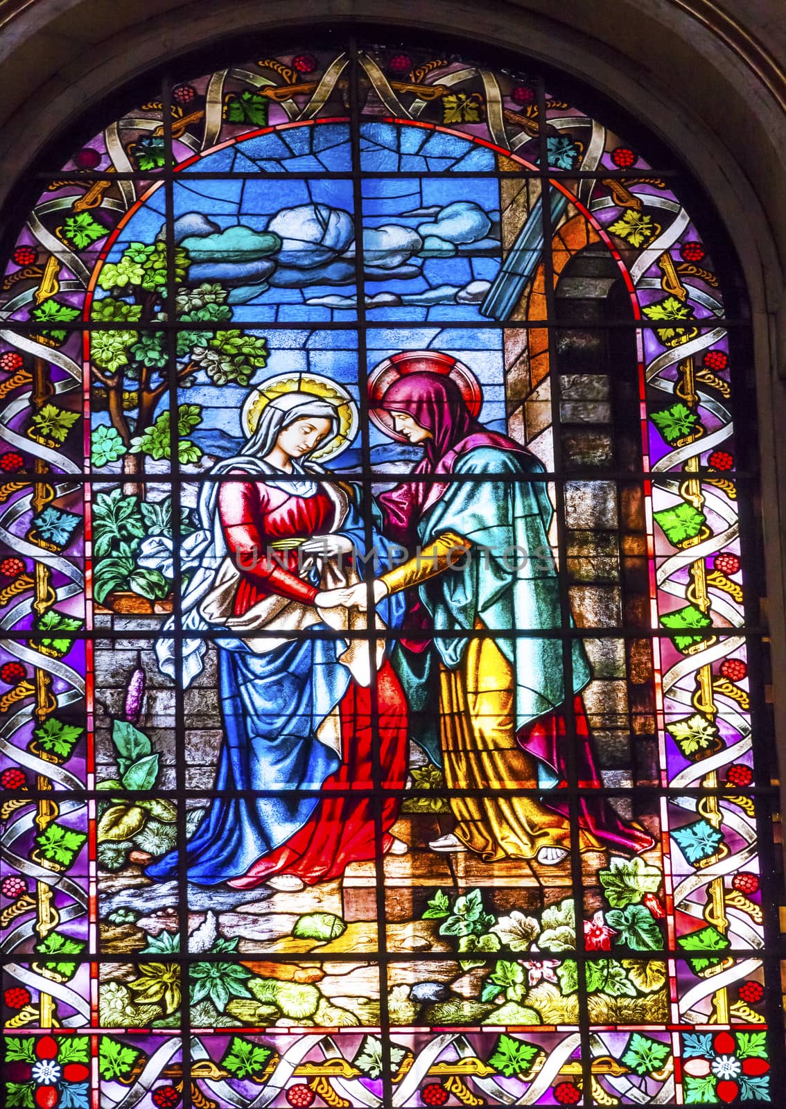 Visitation Mary with Jesus in Womb Meets Elizabeth with John the Baptist in Womb Stained Glass San Francisco el Grande Royal Basilica Madrid Spain. Basilica designed in the second half of 1700s, completed by Francisco Sabatini.