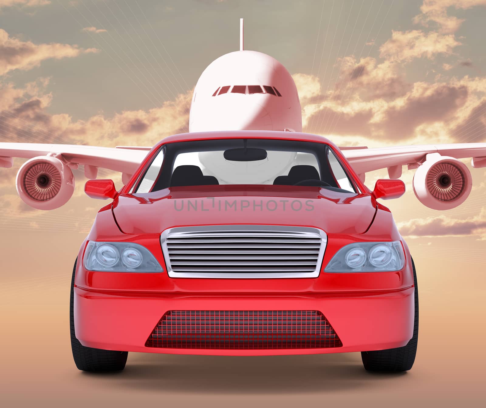 Image of red car with jet behind on red sky background
