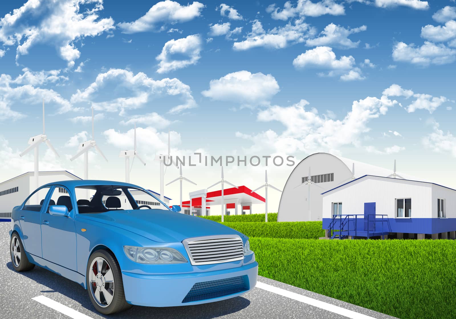 Blue car with wind generator and petrol station on urban background 