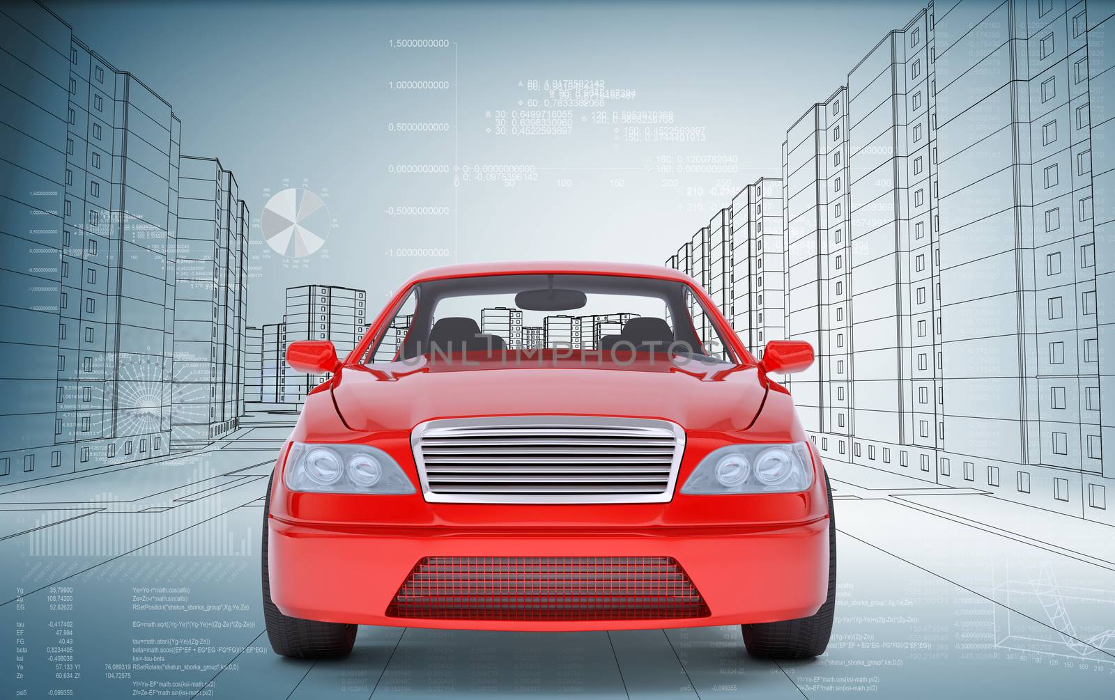 Red car on abstract urban background, front view