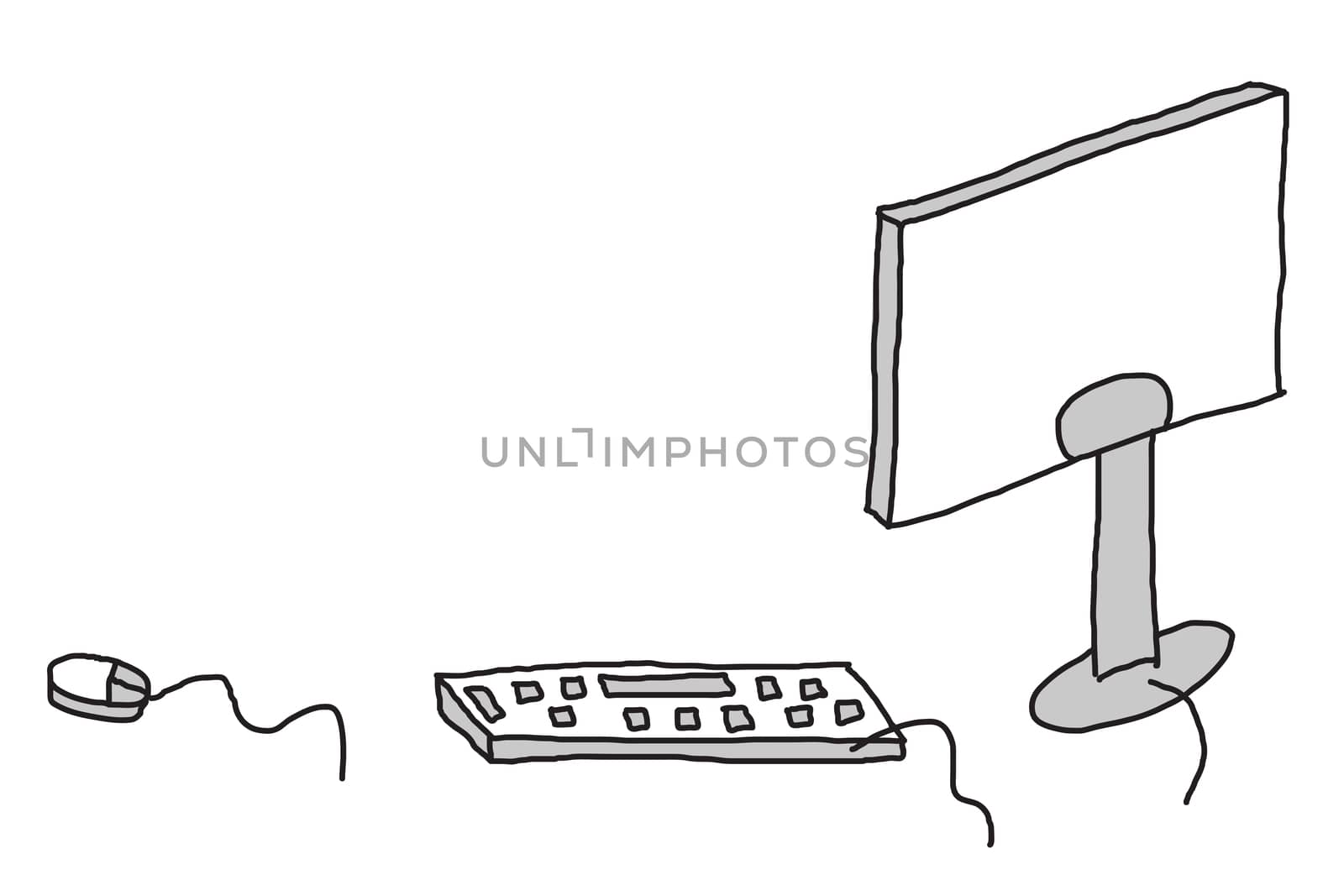 Computer sketch with keyboard and computer mouse on isolated white background