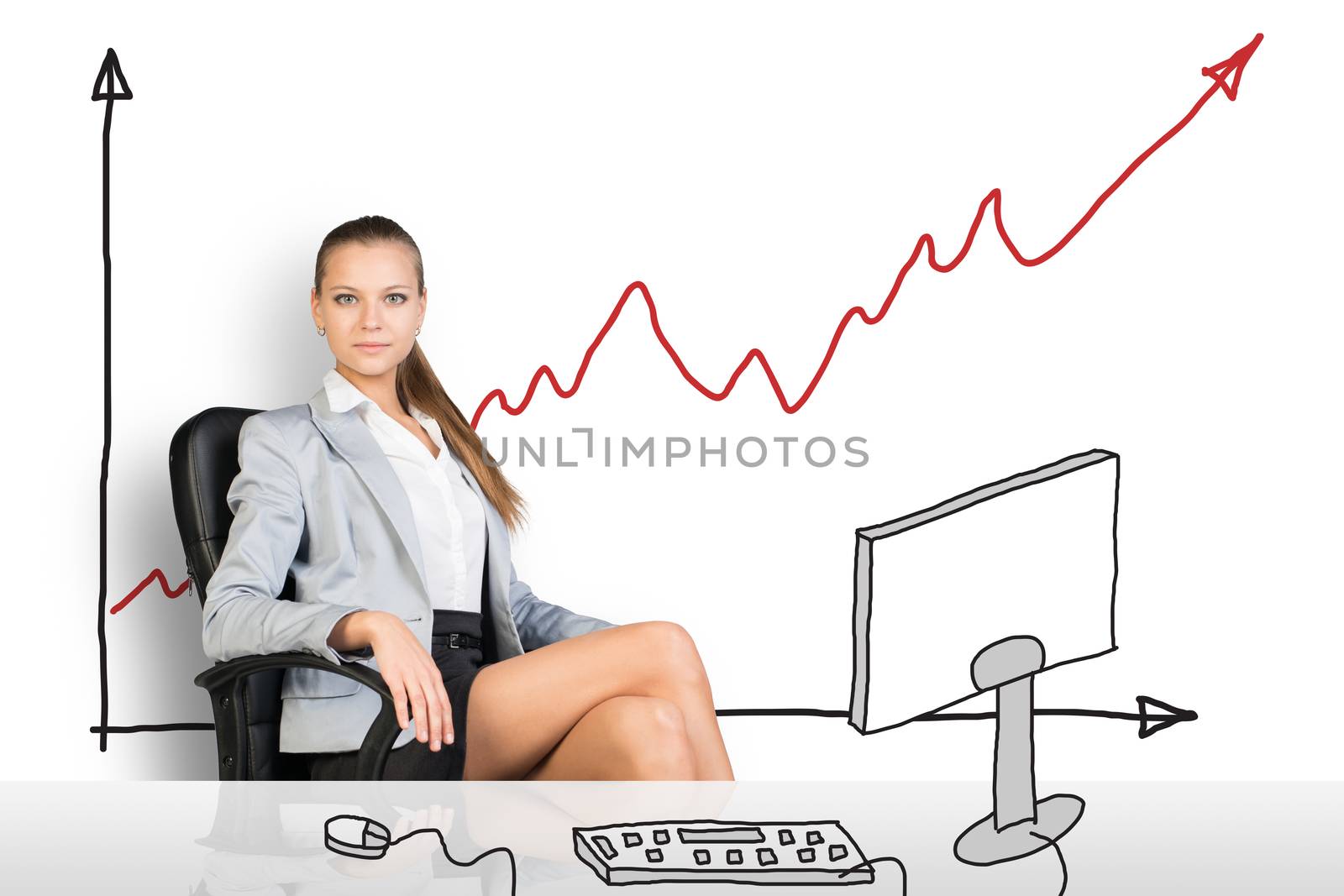 Businesslady sitting half-turned at drawn table and looking at camera with graph on background 