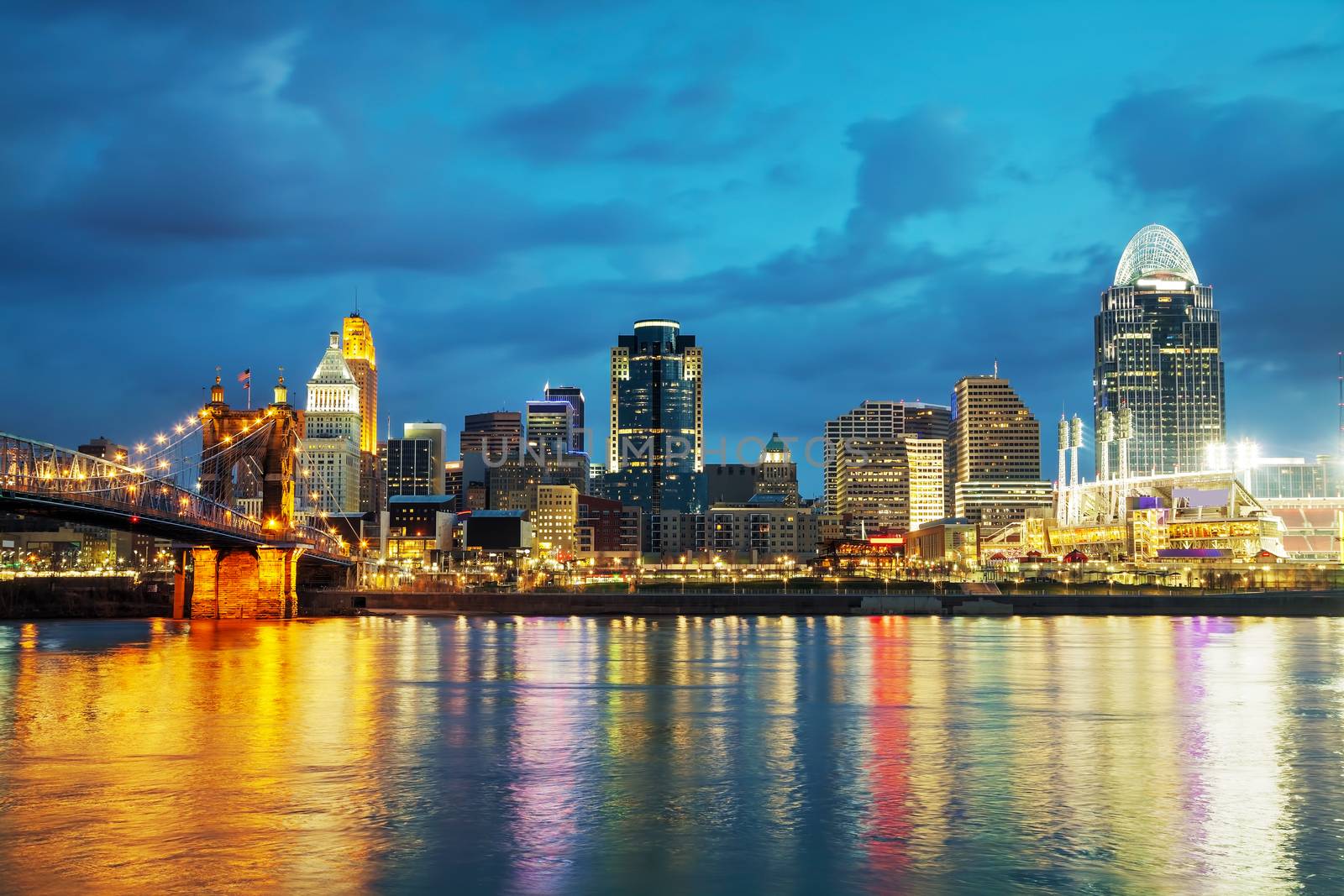 Cincinnati downtown overview early in the night