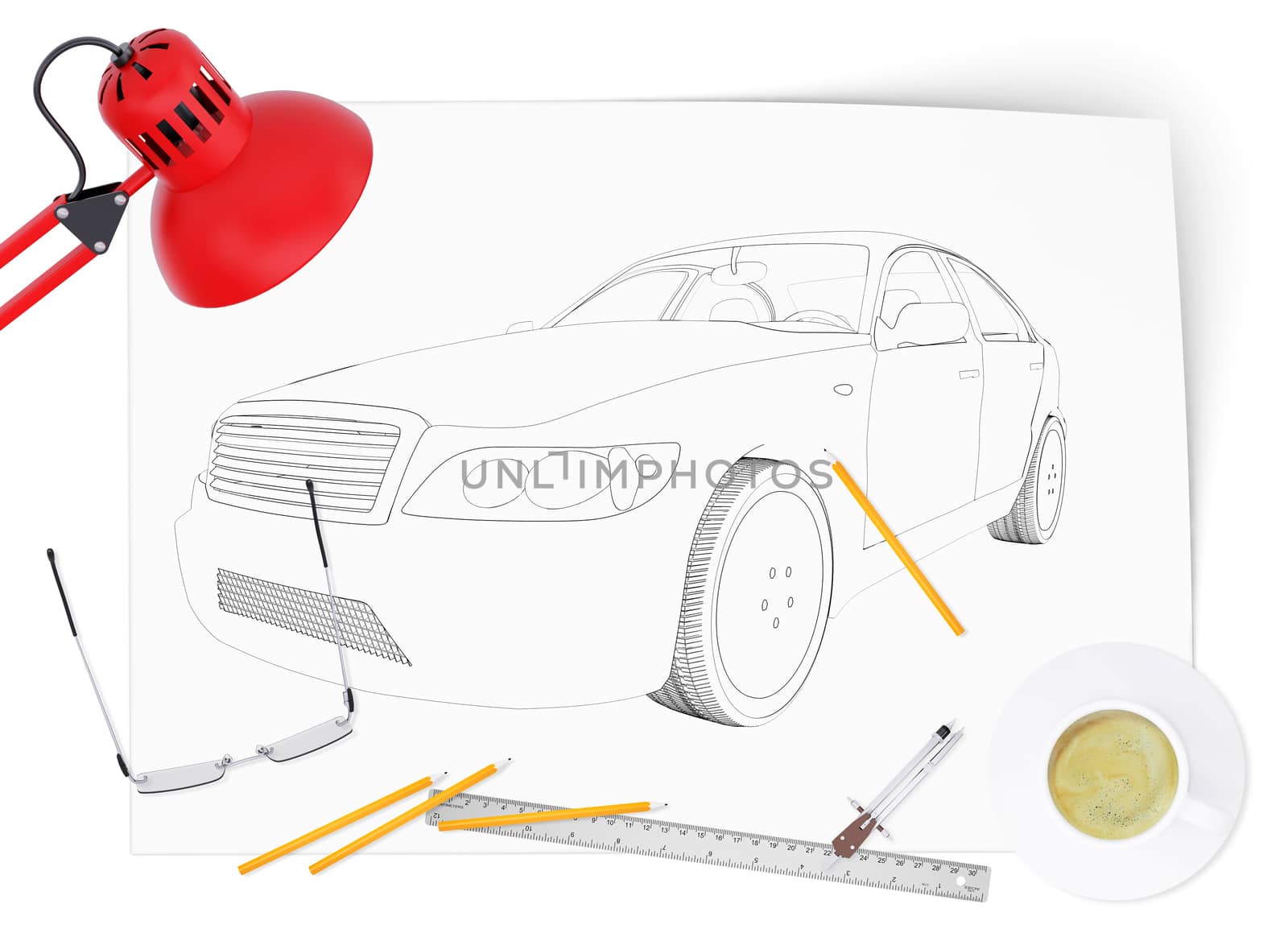 Graphic car model on blank sheet with lamp and different stuff on isolated white background, side view